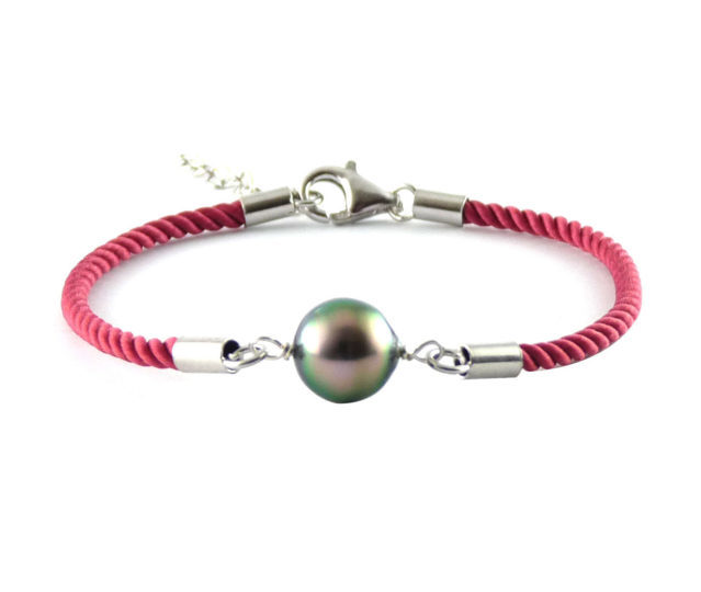 Collection les Merveilles du Pacifiques Bracelet perle ovale sur coton soyeux et argent - BRA06 ROSE FRAMBOISE