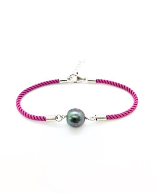 Collection les Merveilles du Pacifiques Bracelet perle ovale sur coton soyeux et argent - BRA06 ROSE VIOLET