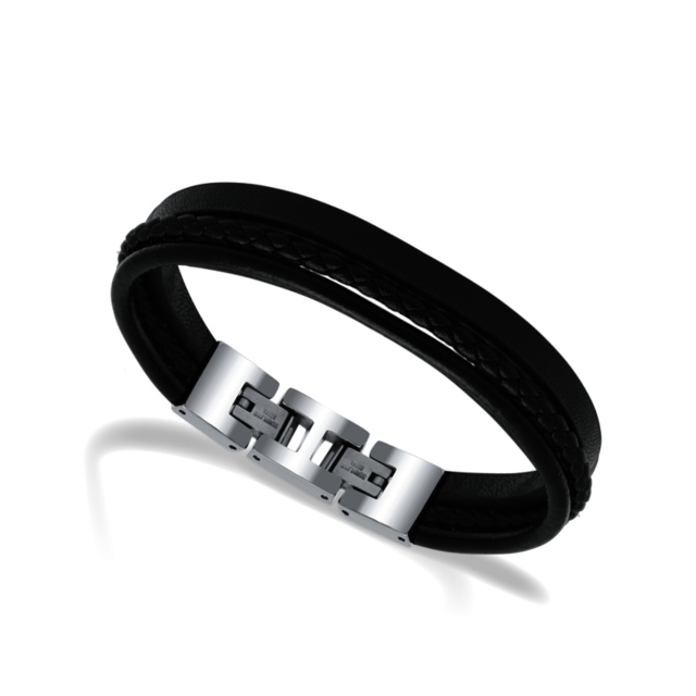 Bijoux ZRC Rochet Bracelet STANDFORD Acier poli et 3 cuirs plat, rond et tressé noirs - HB7601A