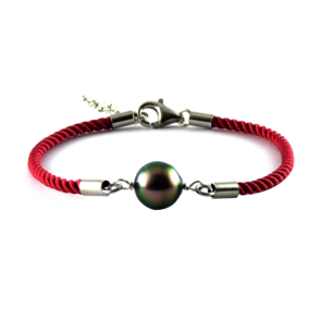 Les Merveilles du Pacifiques Bracelet perle ovale sur coton soyeux et argent - BRA06 ROSE FRAMBOISE